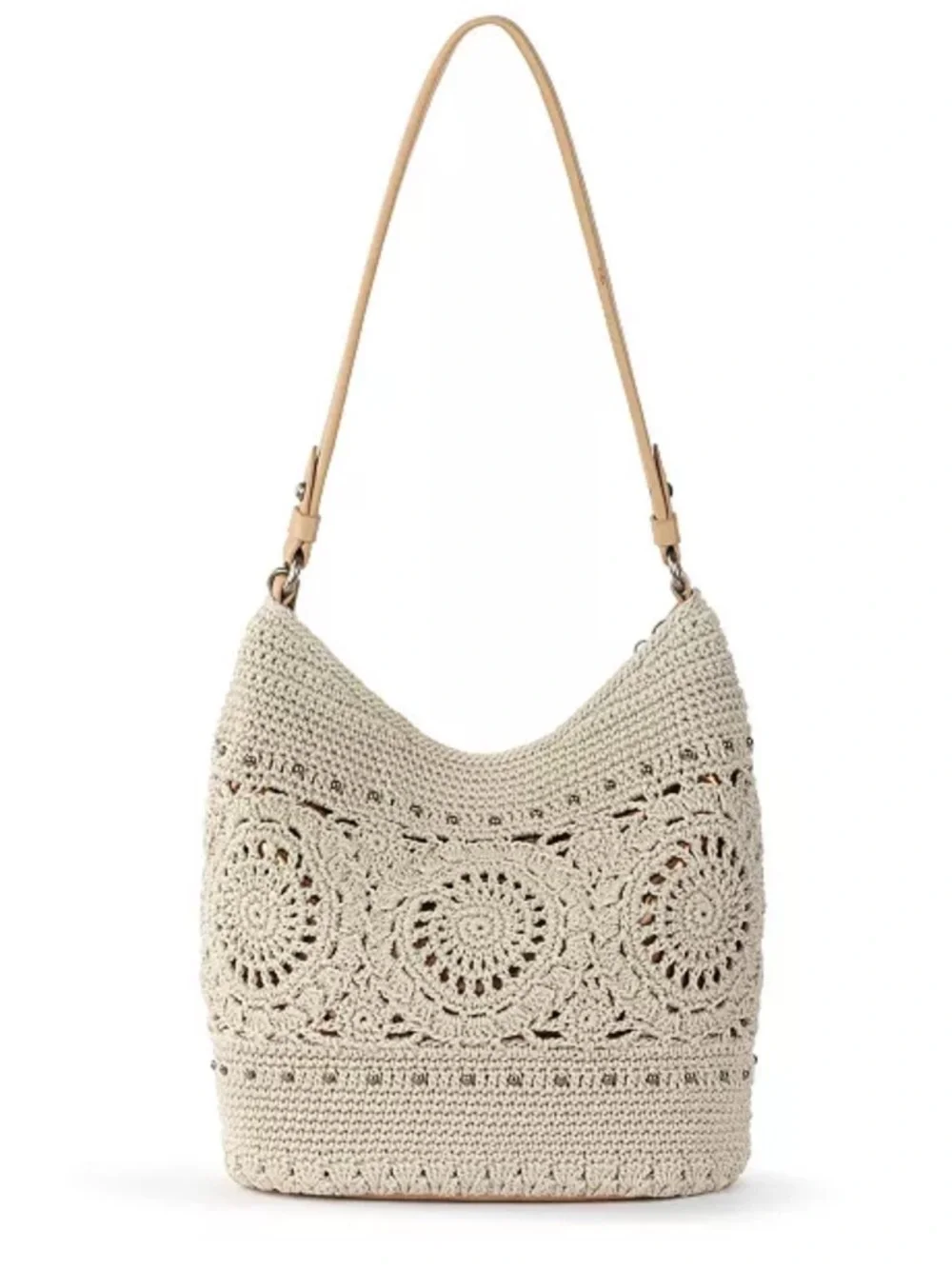 The Sak Sequoia Cream & Tan Crochet Leather Hobo Shoulder Bag with Bag Charm - Picture 7 of 17